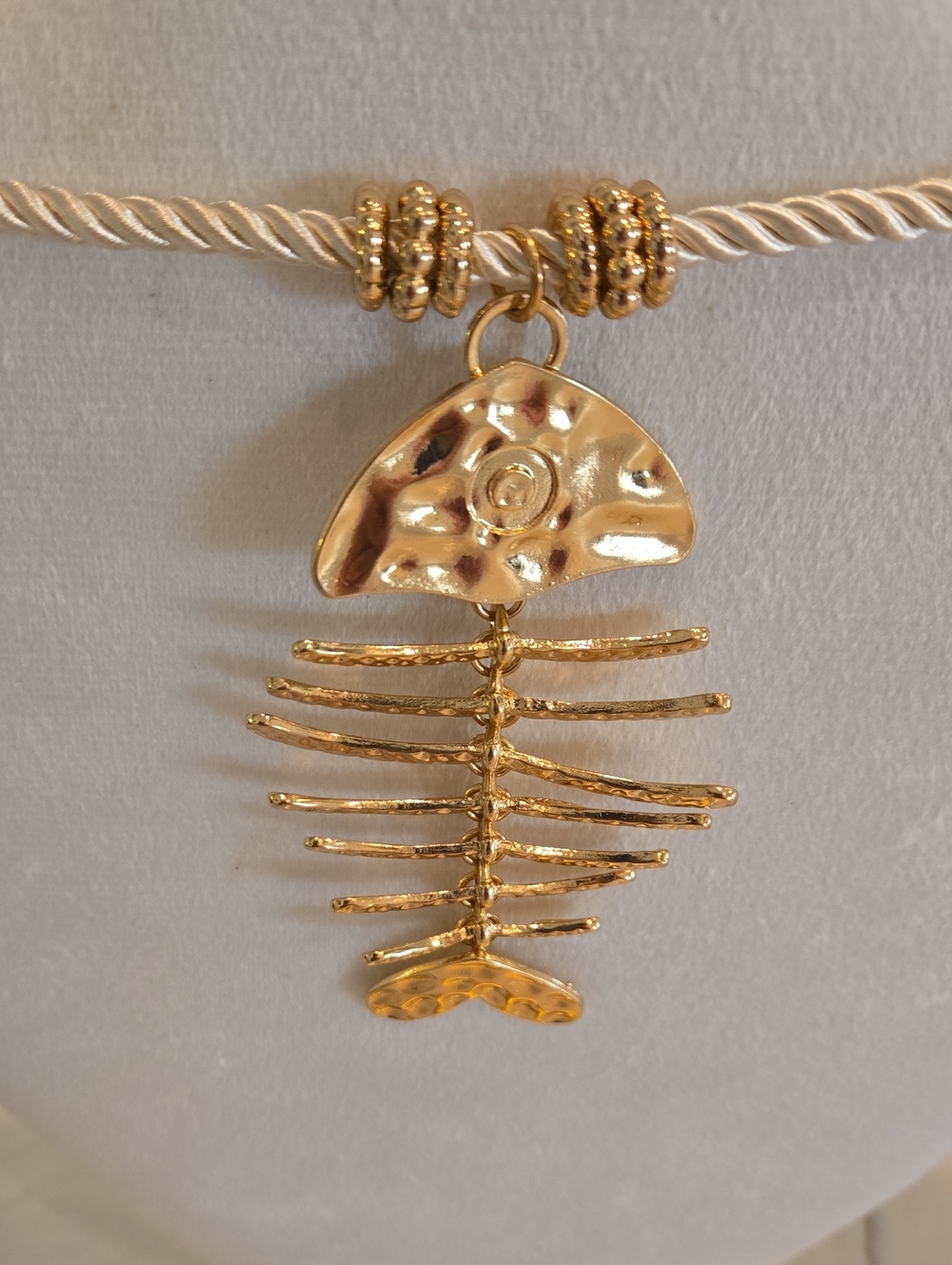 Huge Gold Fish Pendant Necklace with Winter White  Rope Chain - Women Jewelry